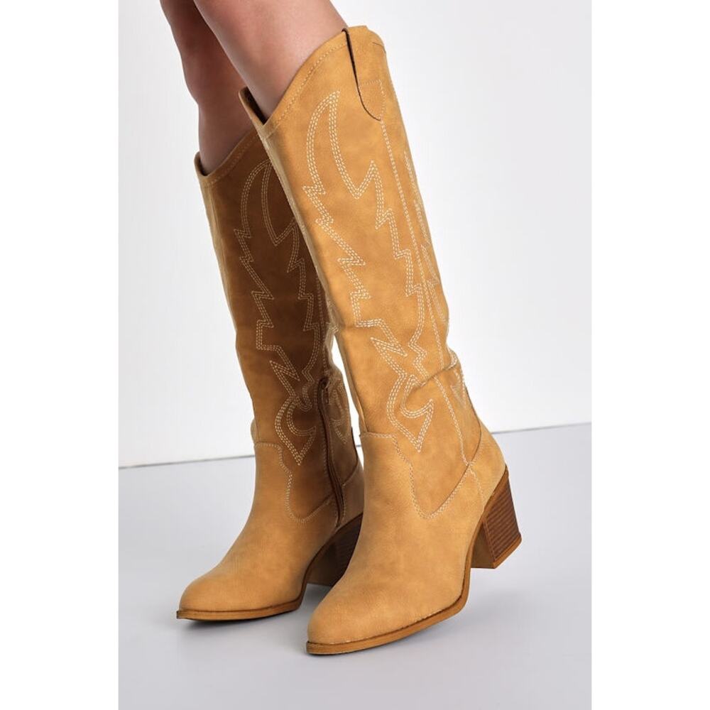 Lulus Dirty Laundry Upwind Camel Western Boots Knee High Boots Size 8.5 NWOB